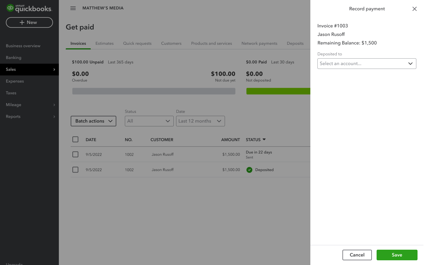 Drawer opens inline on the invoice list
